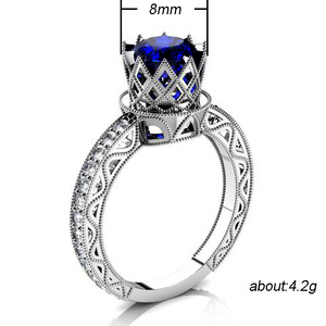 Anello a Corona Intagliato Vuoto da Donna con Accento Blu Stile Palazzo Gioielli alla Moda Ingrosso - Product Image 5