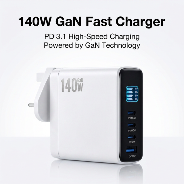 140W GaN PD3.1 Fast Charger UK USB-C PD USB-A QC Digital Display Power Adapter for Gaming Laptop Phone Tablet OEM Custom Logo