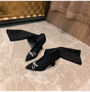 1 Pasang Elastis Bahan Mewah Atas Lutut Panjang Fashion Cup Tumit Hitam Paha Tinggi Wanita Sepatu Bot Sepatu Bot