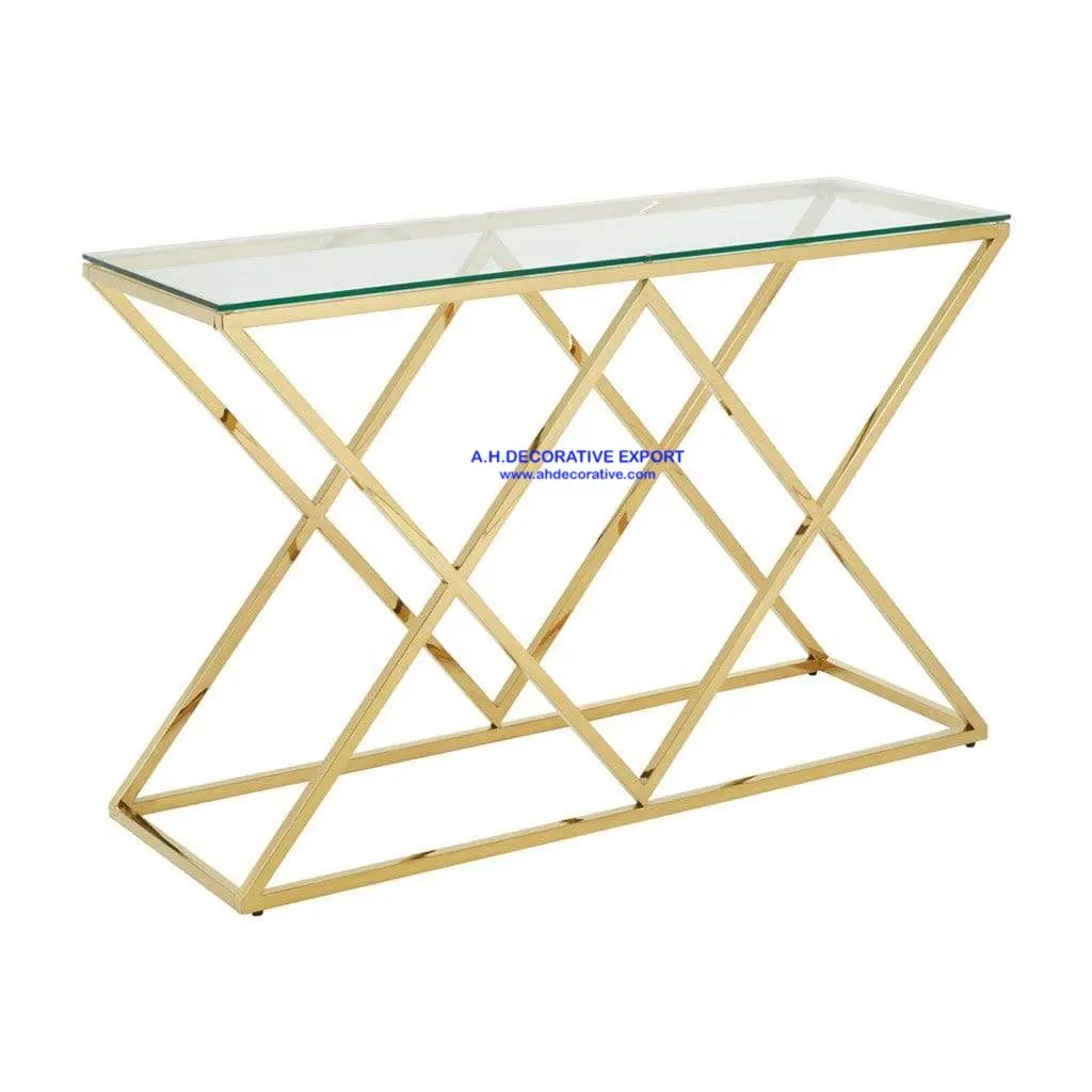 Console de mesa espelhado aço inoxidável, mesa de console dourada de design superior espelhado, cor prata para sala de estar