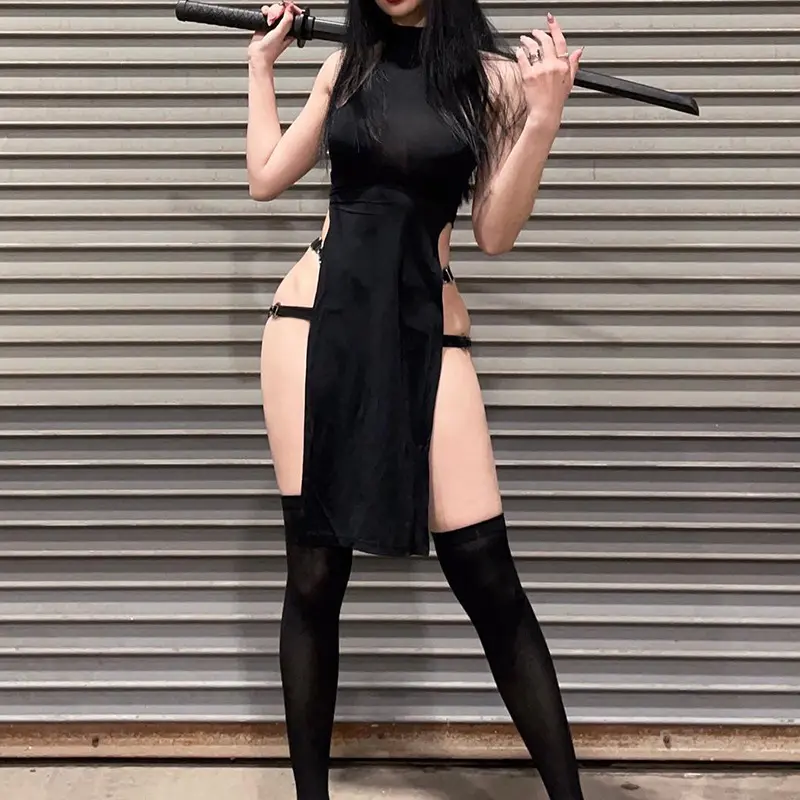 2023 Summer Goth Dark Y2k Slim Cosplay Harajuku Night Clubwear Sleeveless Sexy Off Shoulder Halter High Side Slit Dress