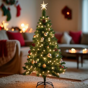 Albero di Natale Artificiale Verde in PVC Pre-Illuminato 180 cm con Set di Palline e Luci LED Calde, Base per Interni - Product Image 2