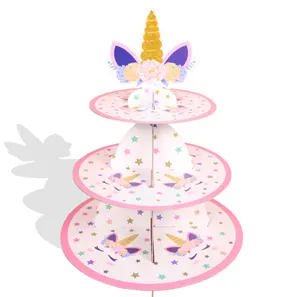 מכירה לוהטת קריקטורה נייר 3-שכבה unicorn דוכן עוגת חתונה אספקת מסיבת יום הולדת חד פעמי עוגת stand