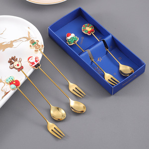Ensemble de cuillères et fourchettes à dessert de Noël à thème dessin animé, cuillère à café, fourchette à fruits pour enfants, cadeau de vaisselle de fête - Product Image 1
