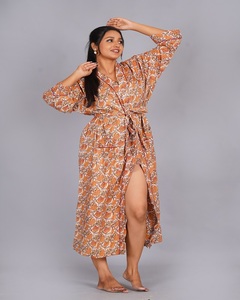 Meilleure Robe de Chambre Longue en Satin 100% Coton Imprimée à la Main, à Manches Longues et Longueur Genou, avec Cordon de Serrage, pour Femme, Idéale comme Cache-Maillot de Plage de Luxe - Product Image 2