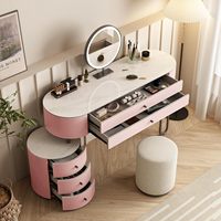 Coiffeuse moderne rose avec pieds en U, miroir LED et armoire latérale ronde à 3 tiroirs, ensemble de coiffeuse pour chambre à coucher, vente en gros