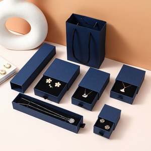 Boîte à bijoux avec étiquette personnalisée boîte à bijoux en papier à tiroir coulissant bleu boîte de présentation avec logo et sac cadeau collier boucle d'oreille - Product Image 1