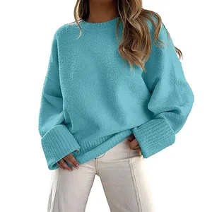 Kai Qi sweater lengan panjang, atasan sweater lengan panjang leher crew berpita ukuran besar musim dingin modis pirus