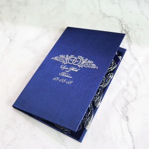 Lujo personalizado frustrado azul marino seda tela cinta Tapa dura plata espejo acrílico Tarjeta de invitación para menú boda negocios - Product Image 4