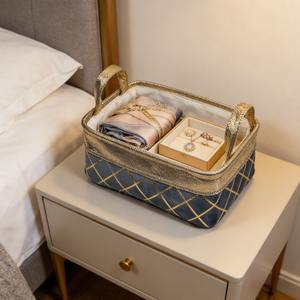 Panier de rangement rectangulaire <span class=keywords><strong>en</strong></span> <span class=keywords><strong>toile</strong></span> sur mesure - Panier à linge doré avec poignées et roulettes, style sac, pour usage domestique - Product Image 1