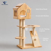 Arbre à chat en bois massif avec maison à pignon et capsule en acrylique, tour à chat avec perchoir et griffoir en sisal pour chats d'intérieur