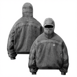 100% algodón lavado ácido Vintage Sudadera con capucha hombro caído impresión personalizada cara completa media cremallera peso pesado Ninja pasamontañas sudaderas con capucha hombres - Product Image 1