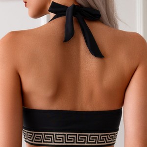 Maillot de bain deux pièces pour femme, couleur unie, style halter, avec coussinets de soutien-gorge, sans armatures, SMLXL, YR109, en polyester, avec culotte, style européen et américain - Product Image 3