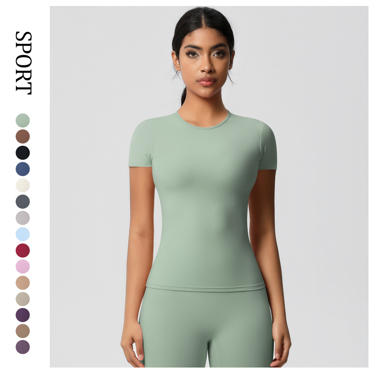 Breathable Women's Naked Sanding Regular Short-Sleeved Spandex/Polyester Crew Neck T-Shirt Outdoor Leisure Running Yoga Fitness