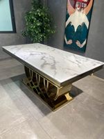 Meubles de salle à manger en acier inoxydable de design italien haut de gamme pour la vente en gros, table dorée avec plateau en marbre