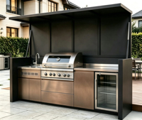 Cuisine extérieure moderne sur mesure en gros, îlot barbecue en acier inoxydable, résistant aux intempéries, certifié E0 CE CARB P2, usine OEM