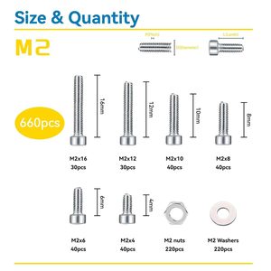 M2 เมตริก 304 สกรูหัวหกเหลี่ยมสแตนเลส น็อต แหวนรอง 660 ชิ้น สำหรับอุตสาหกรรมก่อสร้าง - Product Image 2