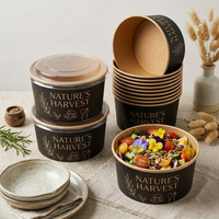 Bol à salade jetable rond en papier kraft noir imprimé avec couvercle, en film CPET, compatible micro-ondes, 1100 ml, vente en gros