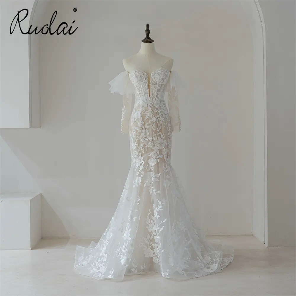 Ruolai QW01912 Schnürsenkel China Lace Brautkleid Abnehmbare Langarm Brautkleider New Style Brautkleid