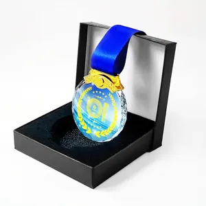DIY Custom Crystal Medal Trophy Glass Awards, Colorful Print Blank Glass Medal souvenirs badge prize with ribbon and gift box