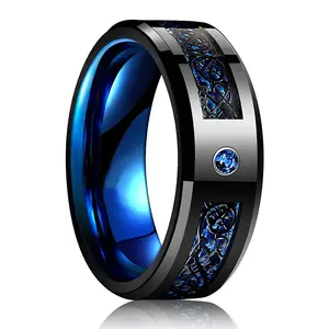 Mode 8Mm Mannen Rode Groef Afgeschuinde Rand Rvs Celtic Dragon Ring Zirkoon Inlay Rode Carbon Fiber Band Mannen Ring