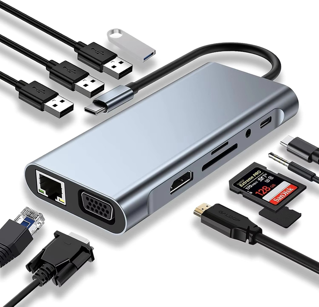 USB C Docking Station 11 in 1 USB C Hub Adapter USB3.0+USB2.0*3+ Audio +HDTV +TF+SD+PD +100mbps Rj45+VGA Usb c Hub for macbook