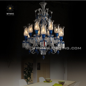 Lustre en cristal moderne luxueux Premier France à 2 niveaux, fleurs bleues en verre, installation suspendue pour hôtel incluse - Product Image 3