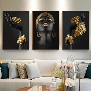 Living Room Decor Black African Woman Portrait Gold Jewelry Posters Prints Black People Art Printed Canvas Picture Paintings