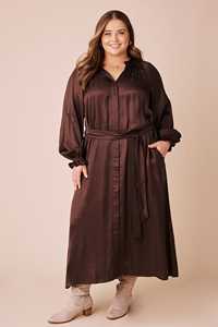 Abito midi da donna a maniche lunghe con polsini arricciati, scollo a V e cintura in vita, traspirante - Product Image 2