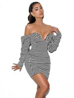 Robe moulante tendance pied-de-poule 2025 – Mini-robe élégante sans bretelles à manches longues pour femme, idéale pour les soirées décontractées et les clubs en automne