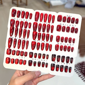 Lot de 10 <span class=keywords><strong>faux</strong></span> <span class=keywords><strong>ongles</strong></span> rouges œil de chat, forme amande ou cercueil, avec <span class=keywords><strong>colle</strong></span>, couverture complète, pré-conçus, option logo personnalisé, longueur moyenne, DIY - Product Image 2