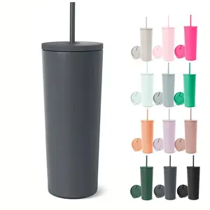 Double Wall Stainless Steel Water Bottle Iced Coffee Cup Reusable Travel Mug 24oz Insulated Tumbler with Lid and Straw