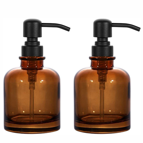 New 10oz Thick Amber Glass Jar Soap Dispenser Black Stainless Steel Pump Boston Round Dispenser Bottle