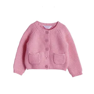 Cárdigan de algodón 100% con botón personalizado para bebé, suéter tejido liso con cuello redondo para bebé, unisex