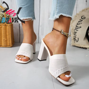 2026 Summer Women's Korean Style Solid High Heel Slippers Fashion Square Toe Thick Heel <b>Open</b> Toe Casual Sandals PU Outsole - Product Image 6