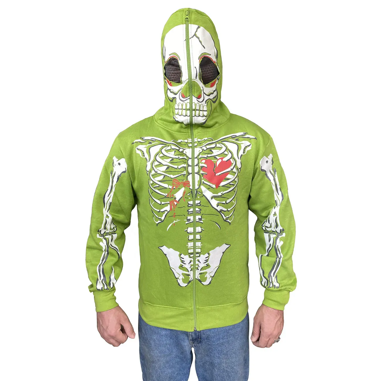 Custom Logo Oversize Men's Y2K Green Fleece Hoodies Skeleton Graphic Cotton Full Zip Up Hoodie