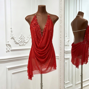 Costume de danse lyrique rouge pour filles, robe de performance de pole dance en mousseline drapée à col halter avec strass, costume de scène personnalisé - Product Image 3
