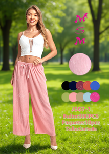 Pantalon large pour femme, taille haute, coupe ample, couleur unie, en coton tricoté, avec cordon de serrage, décontracté, pour l'été - Product Image 2