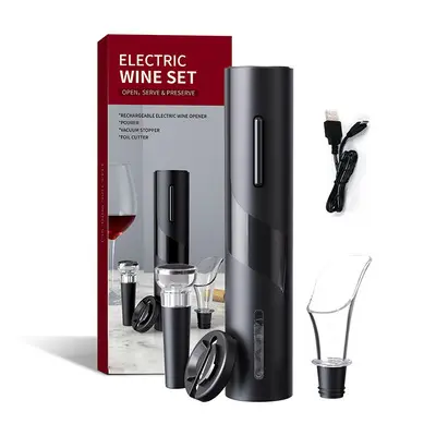 Abridor de botellas de vino eléctrico automático 4 en 1, juego de regalo con cortador de papel de aluminio, tapón de vino, conservador de vino