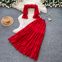 Ensembles deux pièces élégants pour femme, style coquette, coupe ajustée, avec haut à épaules dénudées à volants et manches longues, et jupe longue à volants, pour l'été et les vacances