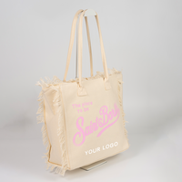Sac fourre-tout en toile à bords effilochés avec logo personnalisé, sac de plage vintage à franges, grande capacité pour les voyages d'été