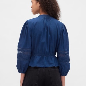 Nueva Llegada, Precio Bajo, Blusa Casual con Aberturas, Camisa Simple con Ojales, Blusa de Voile con Cuello en V y Ribete de Encaje para Mujer, OOTD - Product Image 3