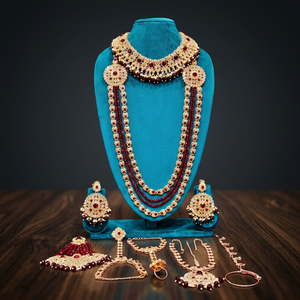 Traditional Heavy Rose Gold Bridal Accessories <b>Set</b> Red Crystal Choker Long Haram Necklace <b>Set</b> with Gemstone Drops - Product Image 2