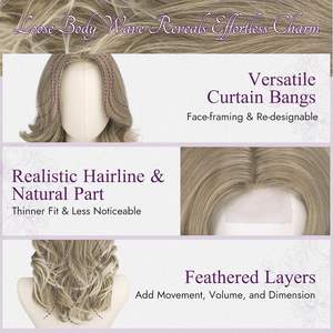 Peluca de Cabello Humano <span class=keywords><strong>Rubio</strong></span> Cenizo Corto Ondulado, Largo hasta los Hombros, con Flequillo Cortina que Rodea el Rostro, Aspecto Natural para Uso Diario y Fiestas - Product Image 4