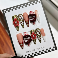 Faux ongles longs à talon aiguille faits main, roses, avec fleurs 3D, pierres vertes, perles, or, paillettes françaises, réutilisables, couvrance totale