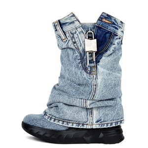 Women Thick Wedge <b>Heels</b> <b>Round</b> <b>Toe</b> Short Boots Shark Lock Overlay Cowboy Booties Retro Mid Calf Western Shoes - Product Image 1