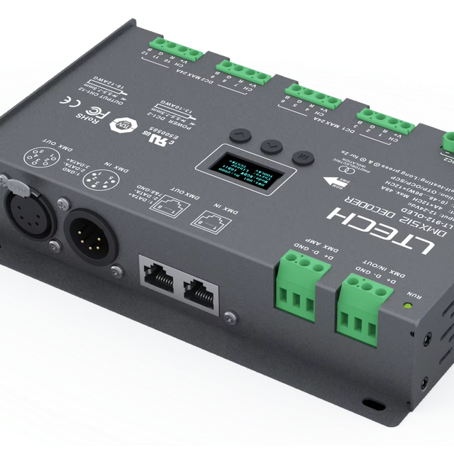 Ltech LT-912-OLED DMX 512 Decoder LT-912 8bit 16bit RGB 4A*12CH Max.48A Max.1152W XLR RJ45 RDM DMX Decoder for Stage Lighting