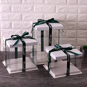 Caja de pastel transparente alta boda caja de plástico personalizado al por mayor de lujo cumpleaños para POP invitado caja de pastel personalizable