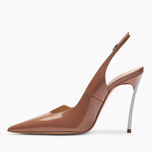 Escarpins à bout pointu pour femmes avec boucles, talons aiguilles fins argentés, chaussures habillées en cuir verni à bride arrière, grande taille 45, coupe large, sandales - Product Image 2