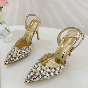 Elegant Pointed Toe Slingback Stiletto <b>Sandals</b> Crystal Diamonds Waterproof Handmade Women Pumps High Heels Summer Wedding - Product Image 1